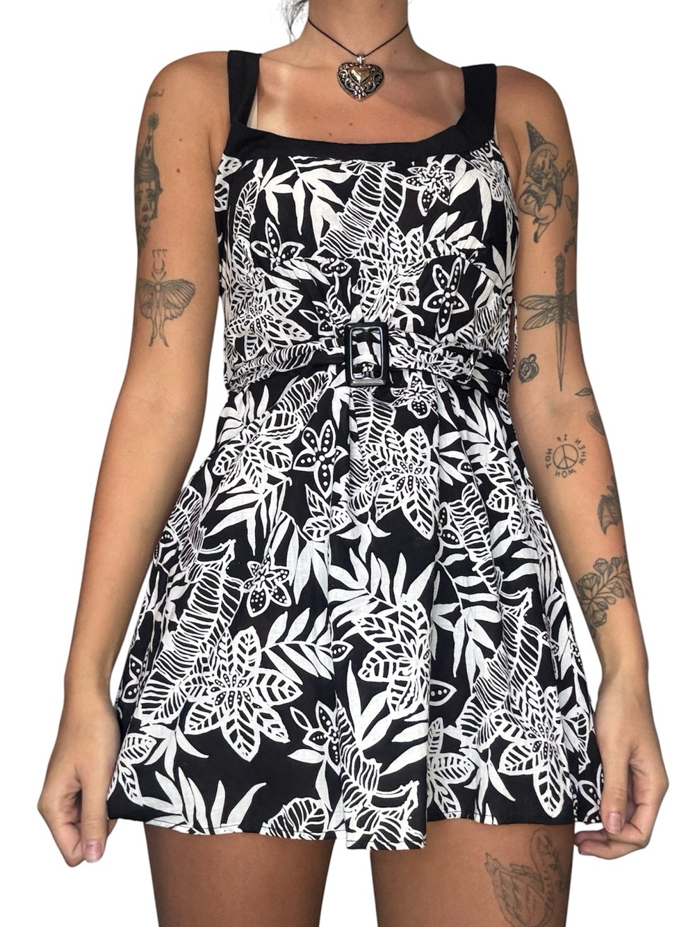 Y2K Black & White Floral Belted Sundress